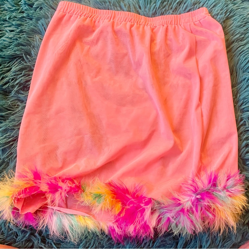 iheartraves pink mesh skirt with rainbow feather trim